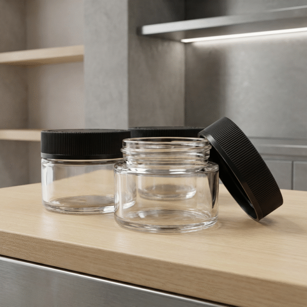 Firefly_Gemini Flash_Create a 1-1 premium commercial product photo of small clear glass jars with black li 105721